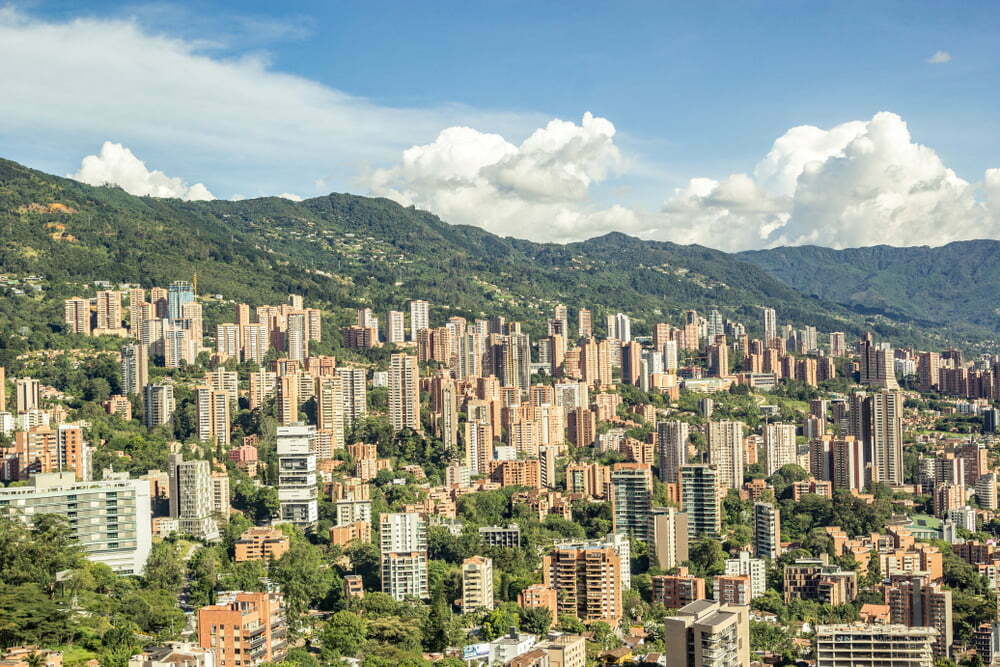 Aerial view of El Poblado illustrating the blend between careful urban design and rich terrain