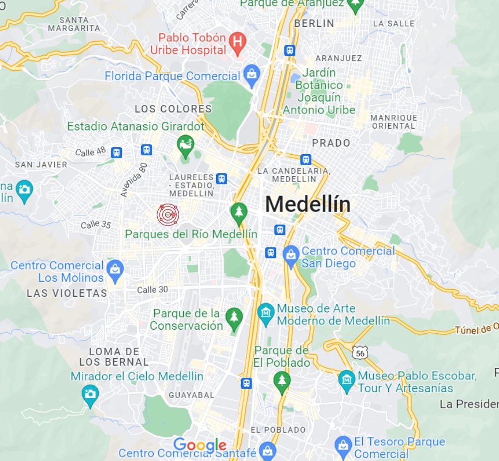 The location of the Primer Parque de Laureles, Medellin