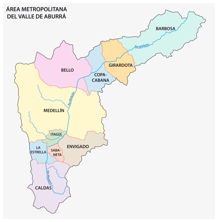 Map of the Valley de Aburra. The many municipalities outside of Medellin are not included in crime statistics.